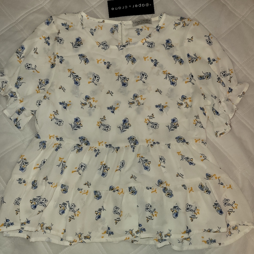 Paper Crane White Blouse with Blue and Yellow Floral Design